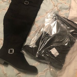 Wide calf knee high black suede boots